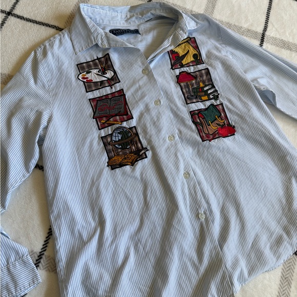 Karen Scott Striped Button-Up Shirt with Colorful Embroidered Patches- The Arts - Picture 5 of 5